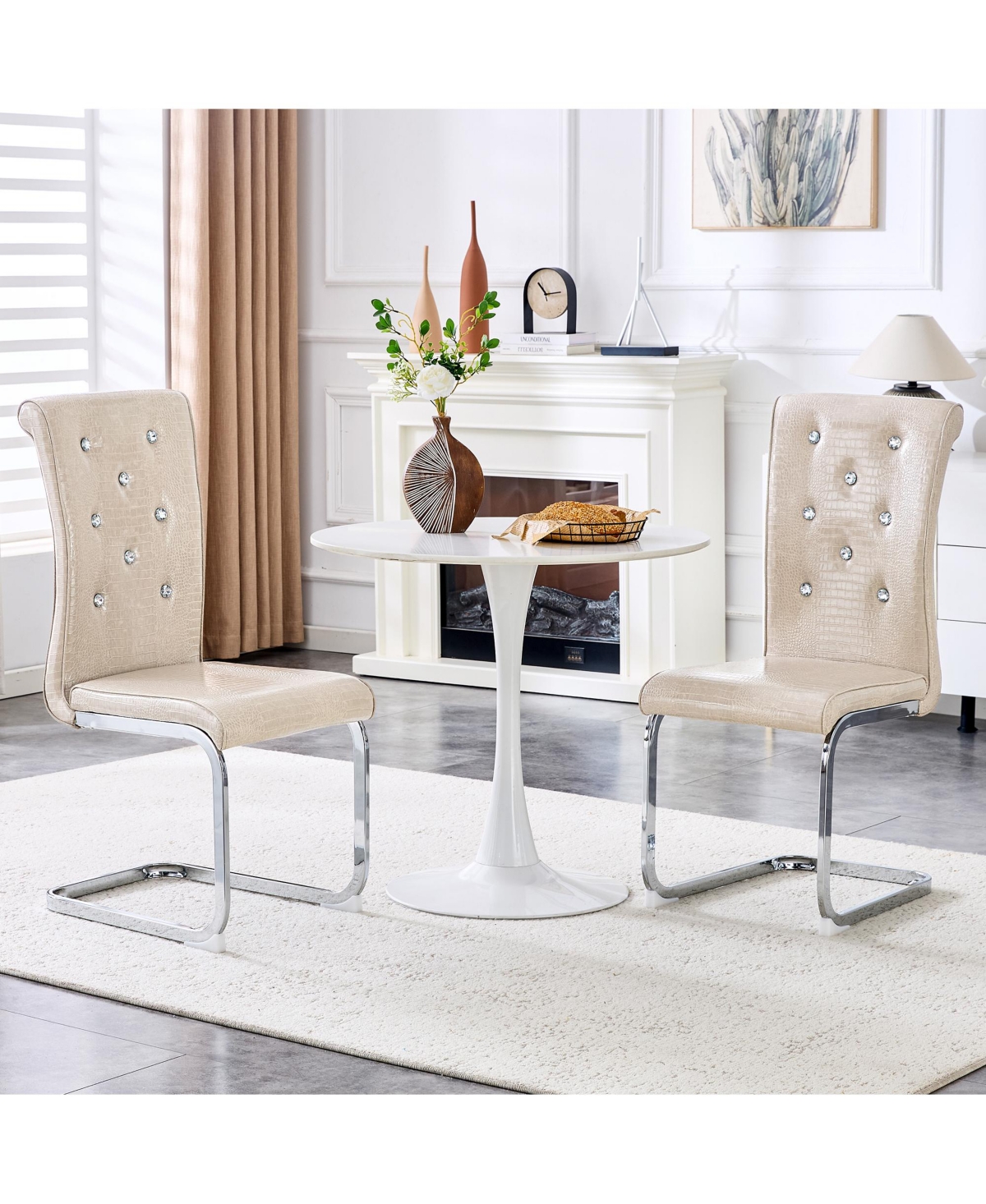 Flynama Set of 2 Retro Alligator Skin Pvc Dining Chairs, Crystal Buckle Chairs with Electroplated Metal Bow Legs