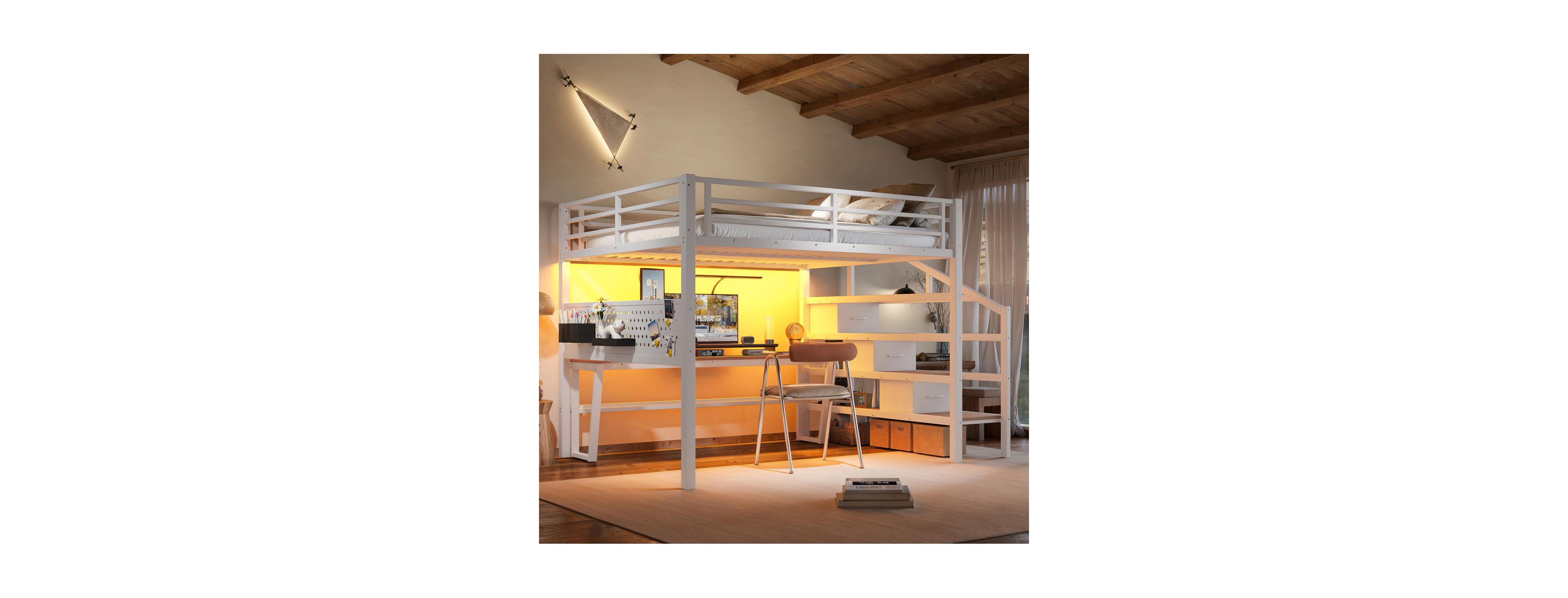 Streamdale Furniture Queen Metal Loft Bed with Desk, Stairs, Usb, Led and Storage