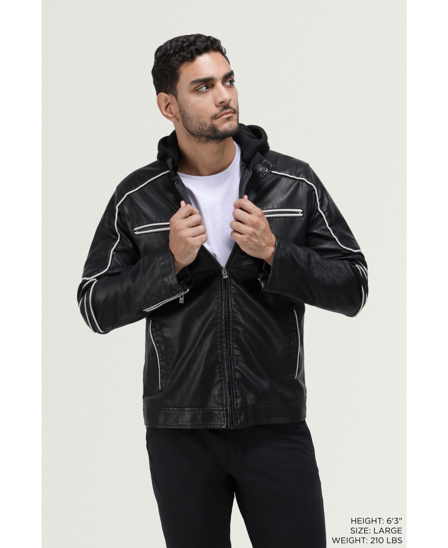 Мужская куртка X-Ray Grainy PU Moto With Hood and Faux Shearling Lining, цвет: Чёрный / Белый — фото 8