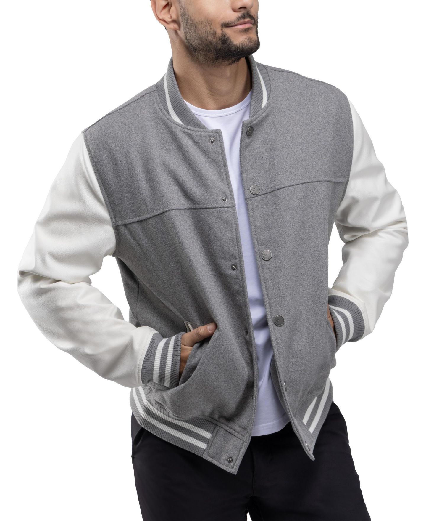 Мужская куртка X-Ray Wool Varsity Bomber With PU Sleeves, цвет: Серый / Белый — фото 9