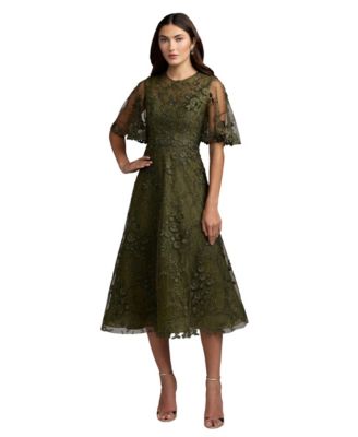 Women's Floral Embroidered Flutter Sleeve Midi Dress