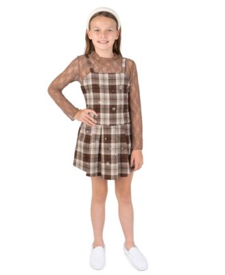 Girls' 7-16 Rhinestone Plaid Jumper and Lace Top, 2-Piece Set