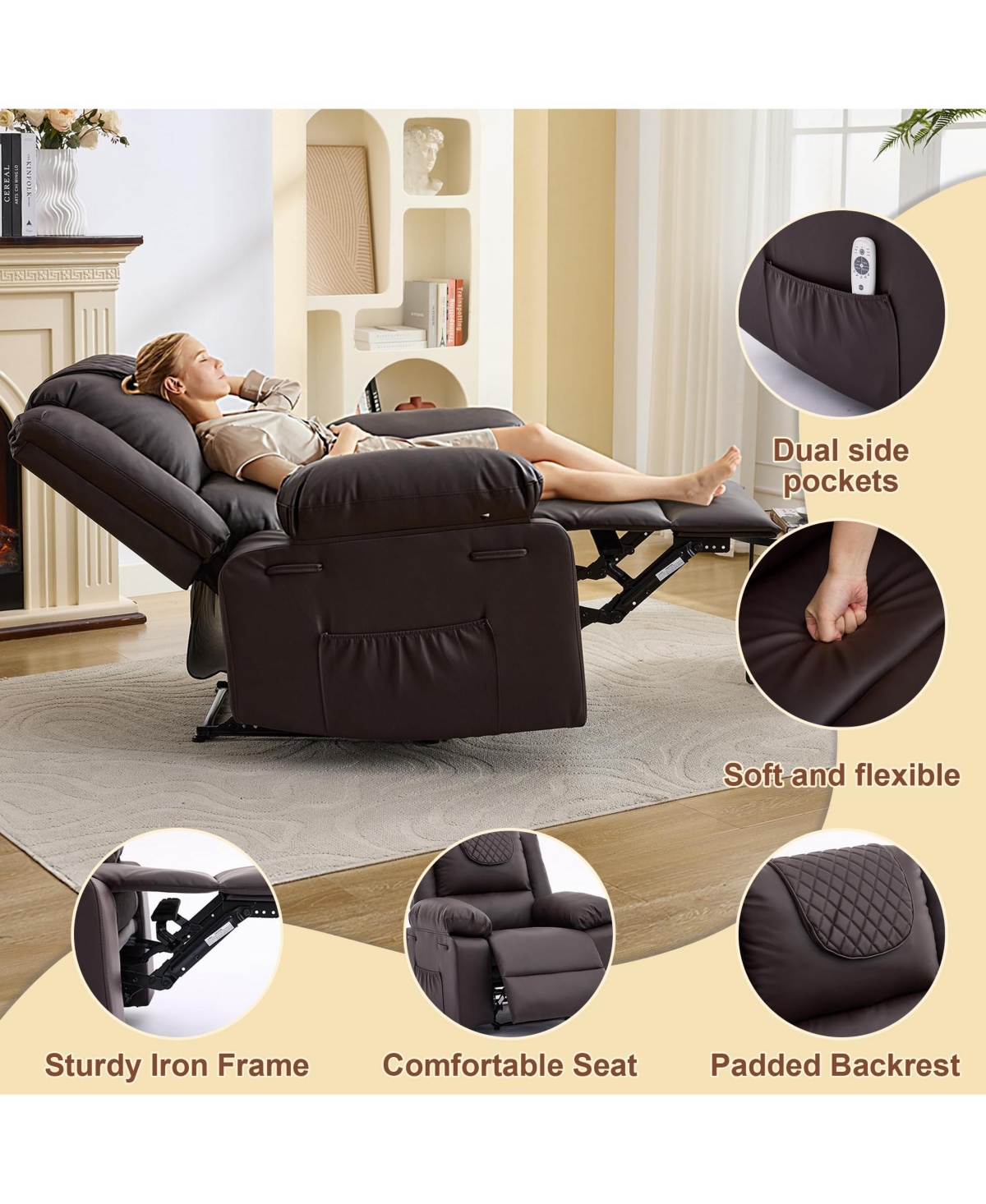 Manual Recliner Chair for Adults Heat Massage, 135 degrees Adjustable Backrest Pu Leather Wide-Seat Lounge Armchair with Side Pockets for Living Room