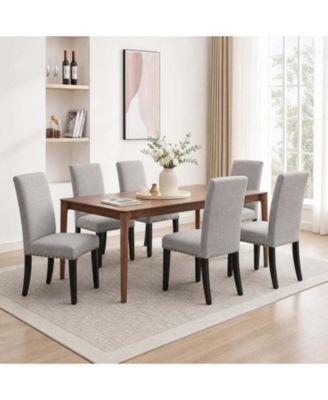 Modern Grey Linen Dining Chairs 6-Pack Nailhead Trim Padded Seat Solid Wood Legs Non-Slip Floor Pads for Home Restaurant
