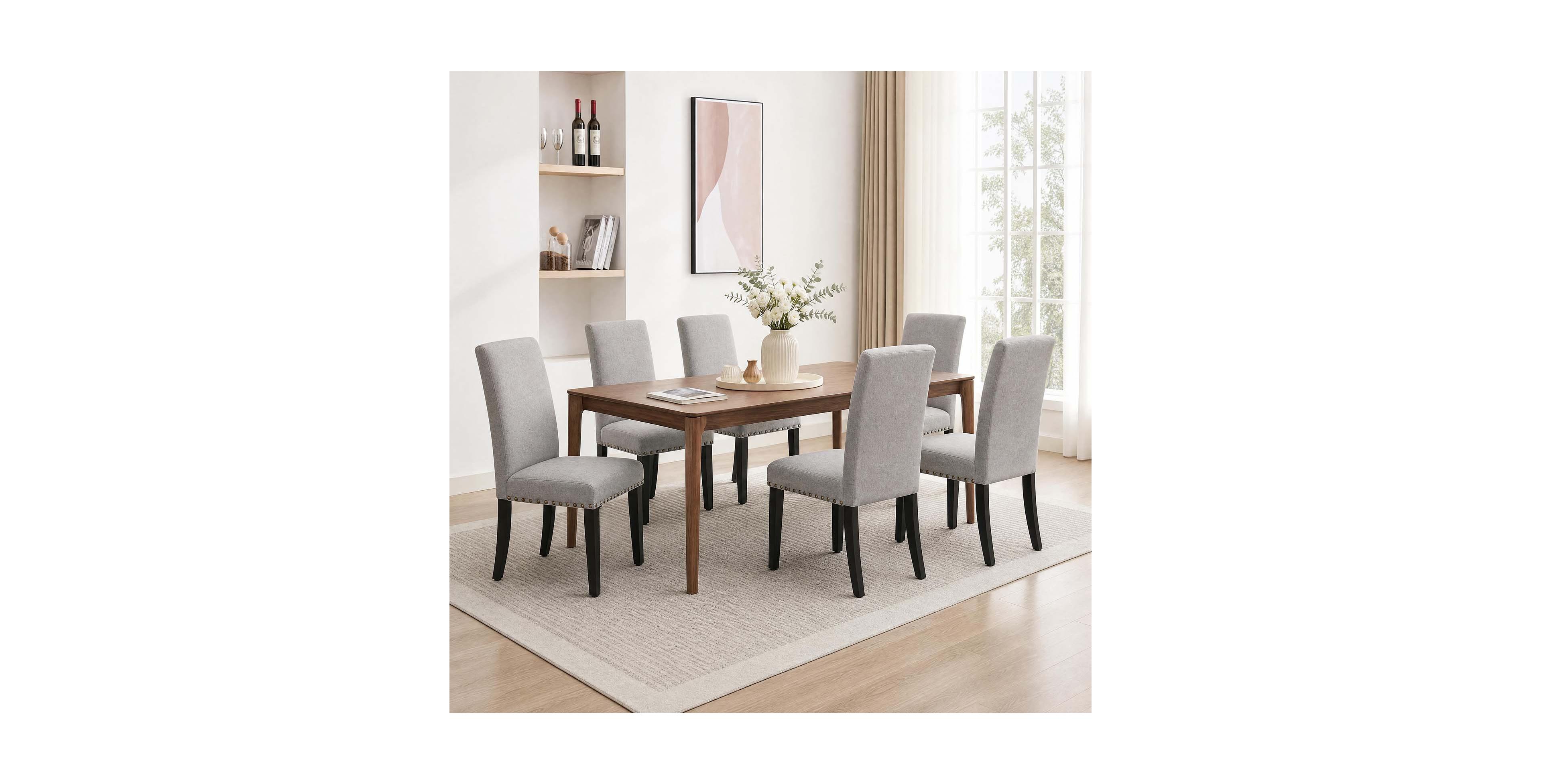 Modern Grey Linen Dining Chairs 6-Pack Nailhead Trim Padded Seat Solid Wood Legs Non-Slip Floor Pads for Home Restaurant