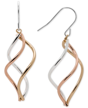 image of Tri-Tone Swirl Drop Earrings in Sterling Silver, 14k Gold-Plate, and 14k Rose Gold-Plate