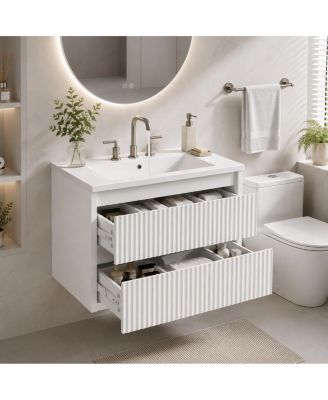 Wall Vanity 24 Inch Fluted 2 Drawer Bathroom Cabinet with Ceramic Sink 4" 3 Hole Floating Mount for Modern Bathroom