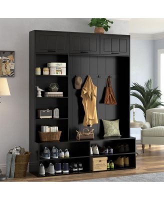 76.9" Farmhouse Hall Tree with Bench, Shoe Storage and 4 Hooks