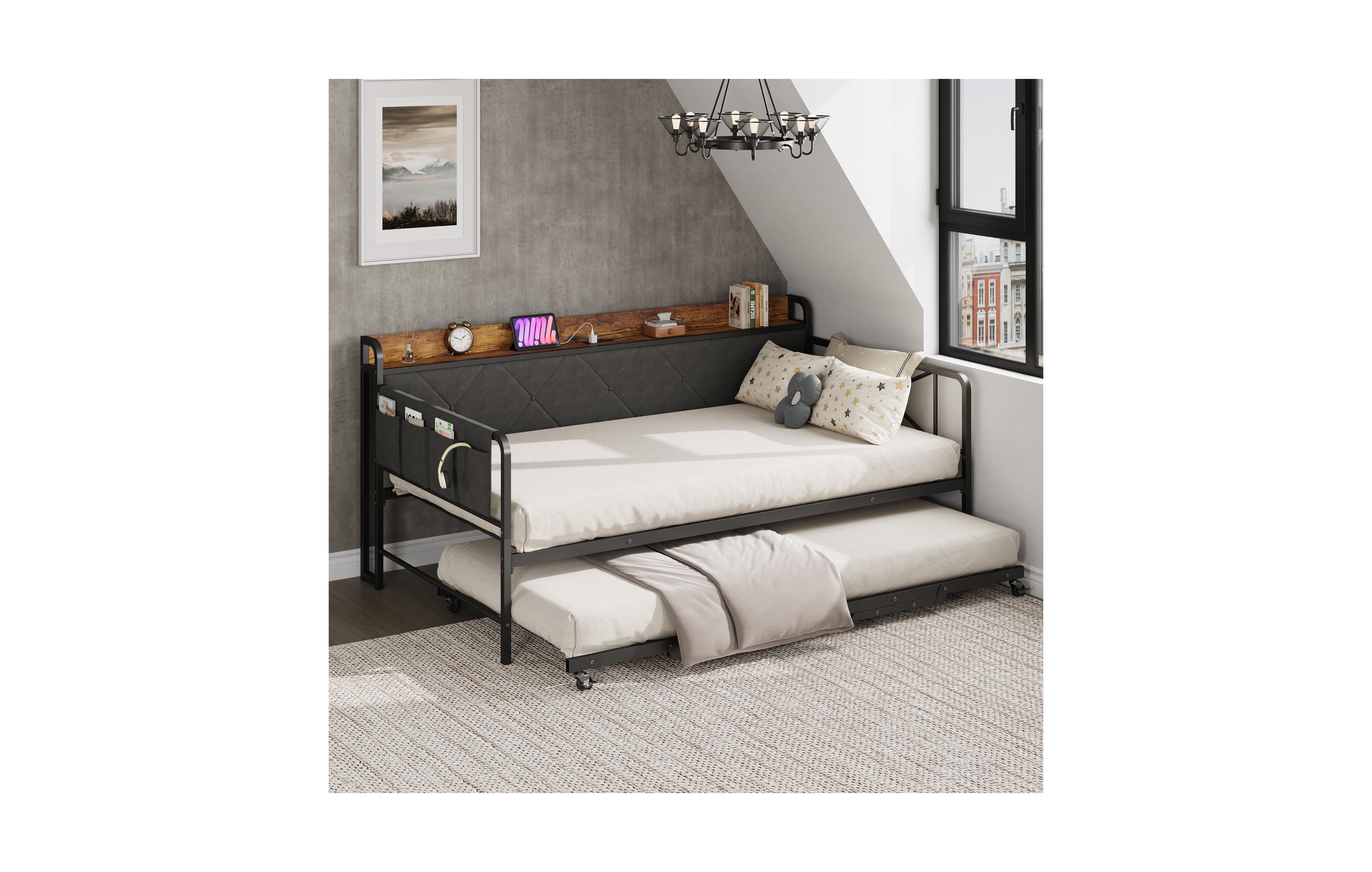 Daybed with Pull Out Trundle, Twin Bed Frame with Upholstered Headboard, Led Light, Usb Charging Station, Multi-Pocket Storage for Bedroom