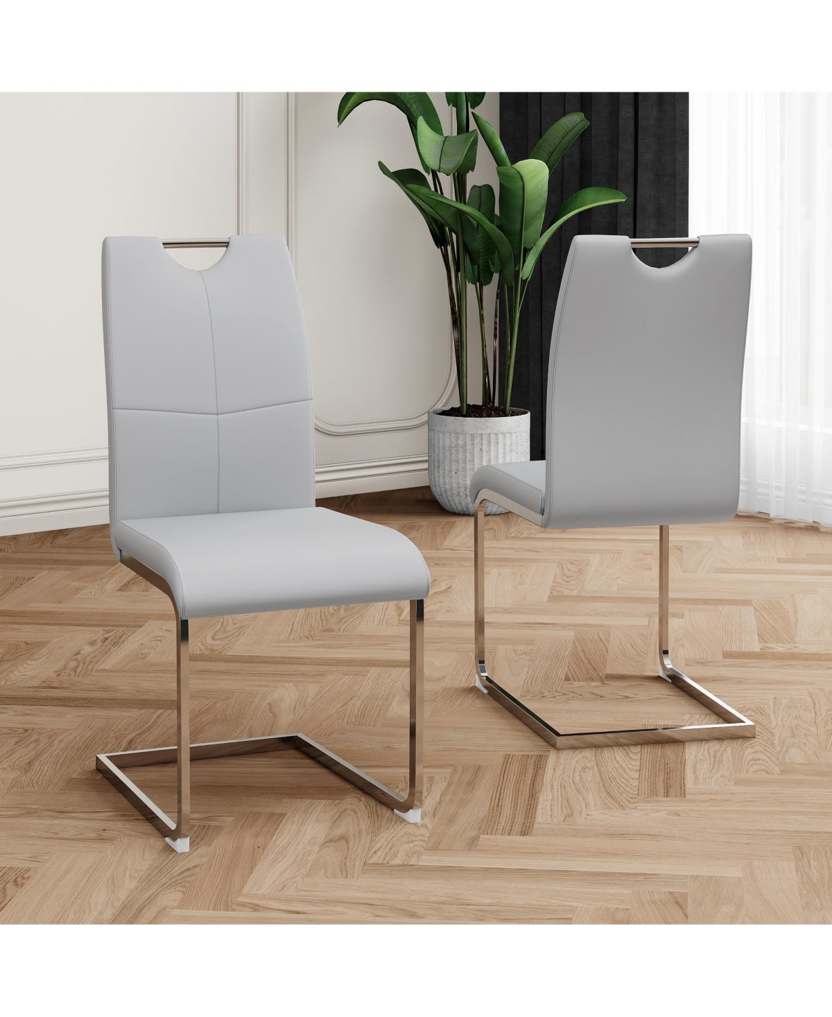 Flynama Set of 2 Faux Leather Dining Chairs with Chrome Legs, Modern Kitchen Seating Chairs