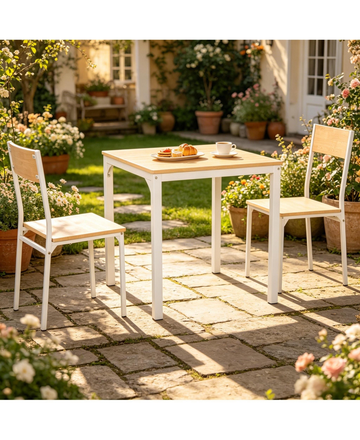 Flynama 3-Piece White Modern Dining Set, Square Mdf and Steel Table and 2 Chairs for Apartments
