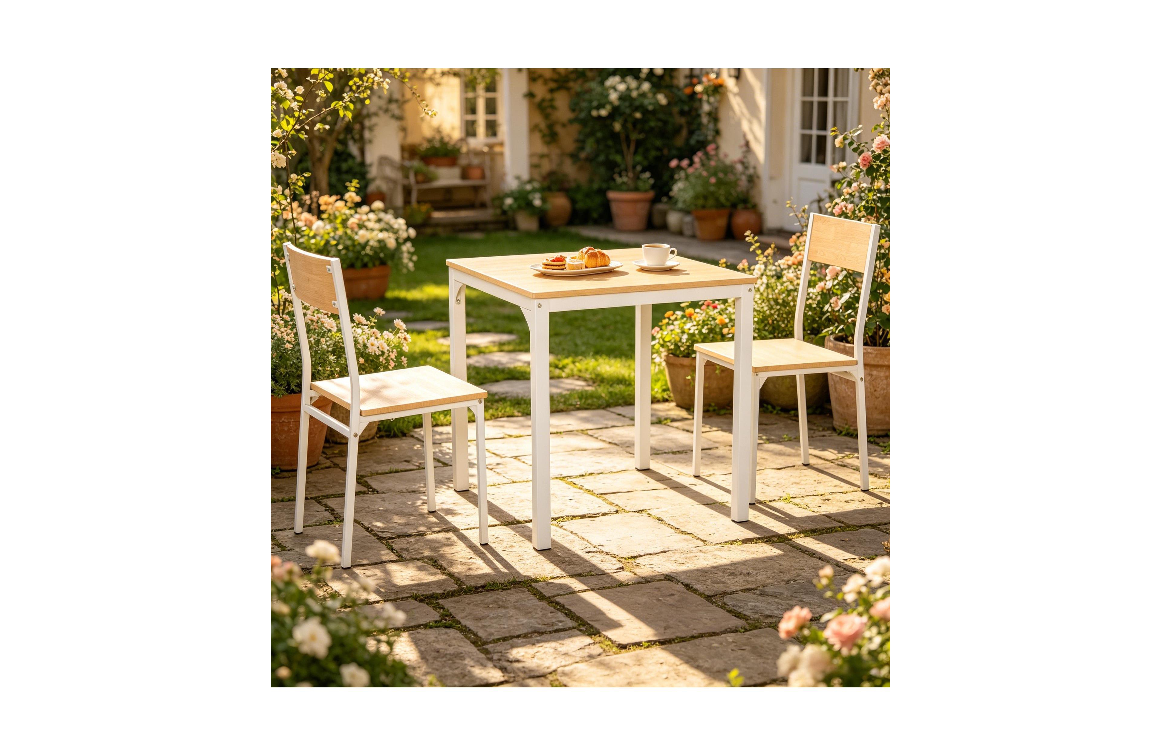 Flynama 3-Piece White Modern Dining Set, Square Mdf and Steel Table and 2 Chairs for Apartments