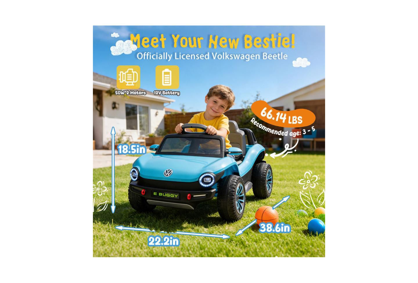 Детская игрушка YOBTOP 12V Beetle Kids Ride On Electric Car - 2.4G Parental Remote Control, Cute Curvy Body, 2WD 4-Wheel Suspension For Kids 3-5, цвет: Синий — фото 7