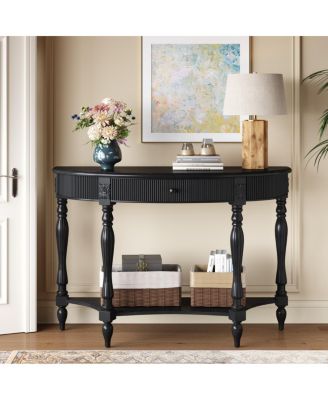 Streamdale  Furniture Solid Wood Half Moon Console Table with Drawer and Shelf,