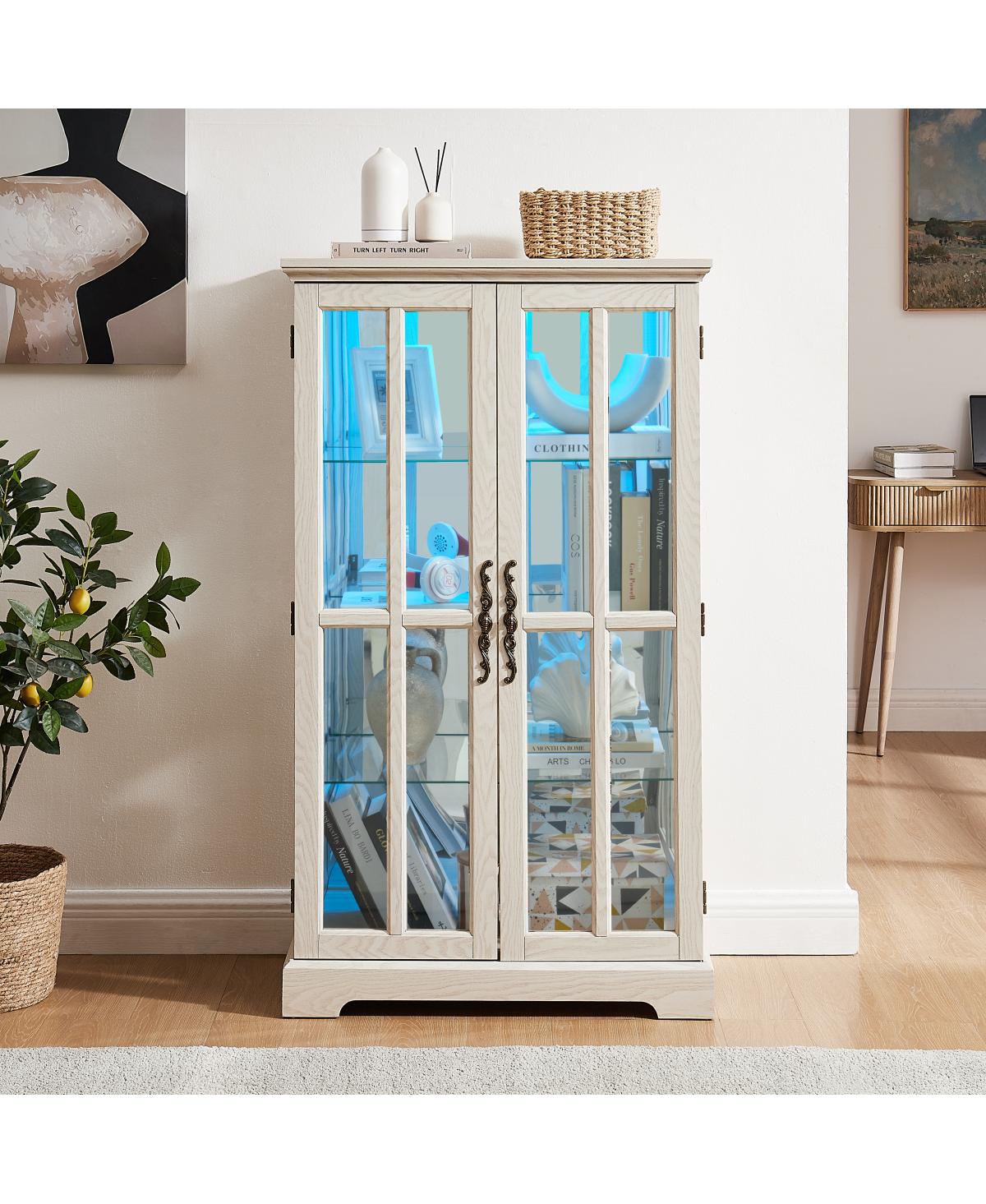 Streamdale Furniture Streamdale White Double Glass Door Tall Cabinet with Rgb Lights and 3 Shelves