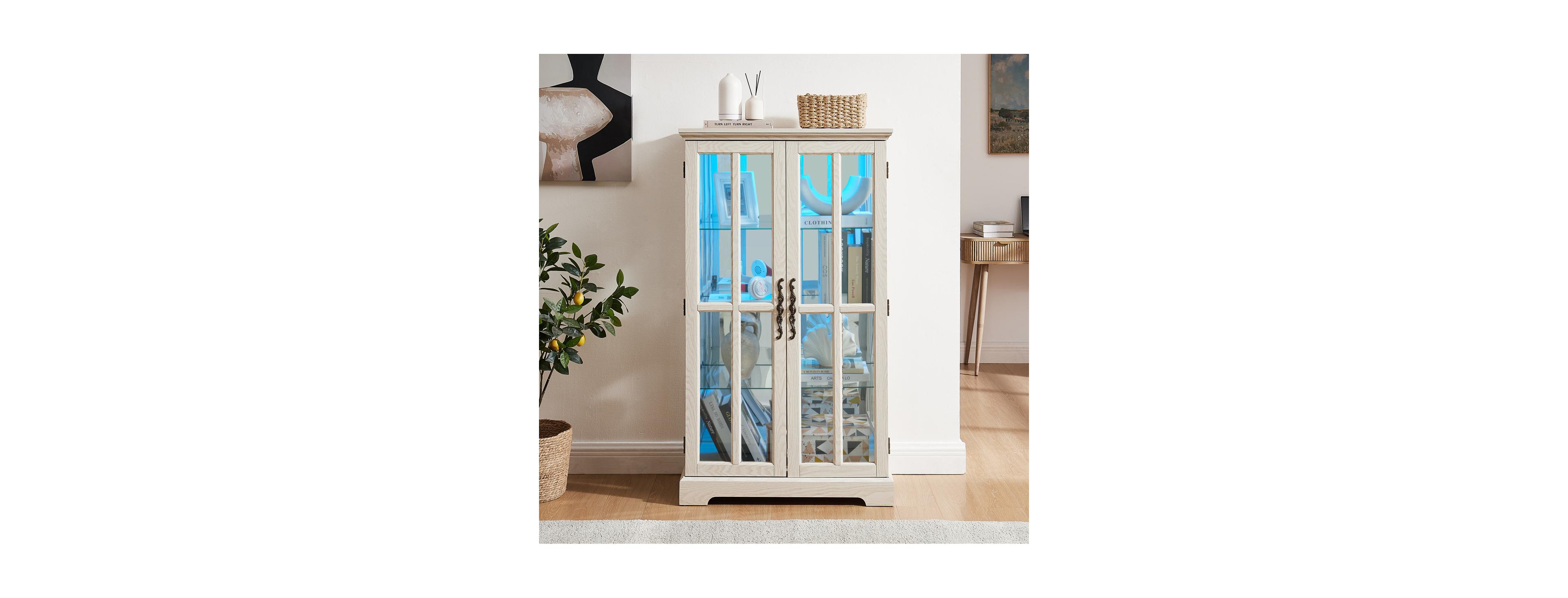 Streamdale Furniture Streamdale White Double Glass Door Tall Cabinet with Rgb Lights and 3 Shelves