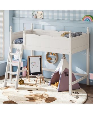 Twin Wood Loft Bed with Guardrails, Ladder and Storage Space