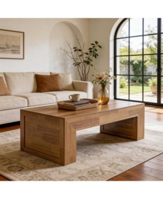 47-Inches  Farmhouse Coffee Table, Wooden Rectangular Center Table with Thick Base