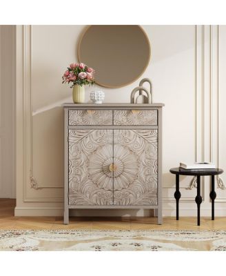 Hand-Carved Wooden Storage Cabinet with Drawer and Doors