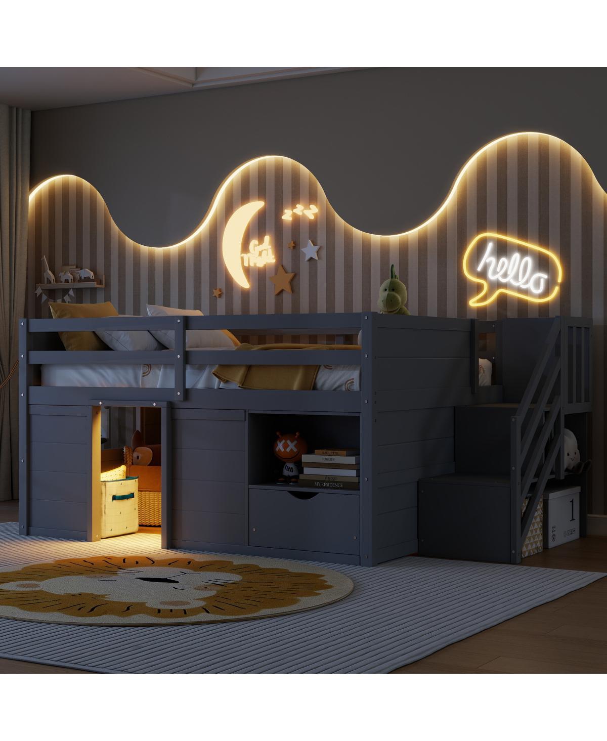 Streamdale Furniture Full Size Wood Low Loft Bed with Stairs, Storage and Led Lights