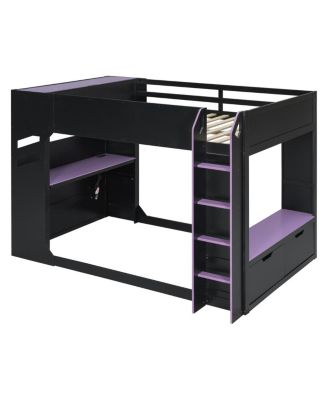  Full Size Wood Loft Bed with Desk, Storage, Drawers and RGB Lights