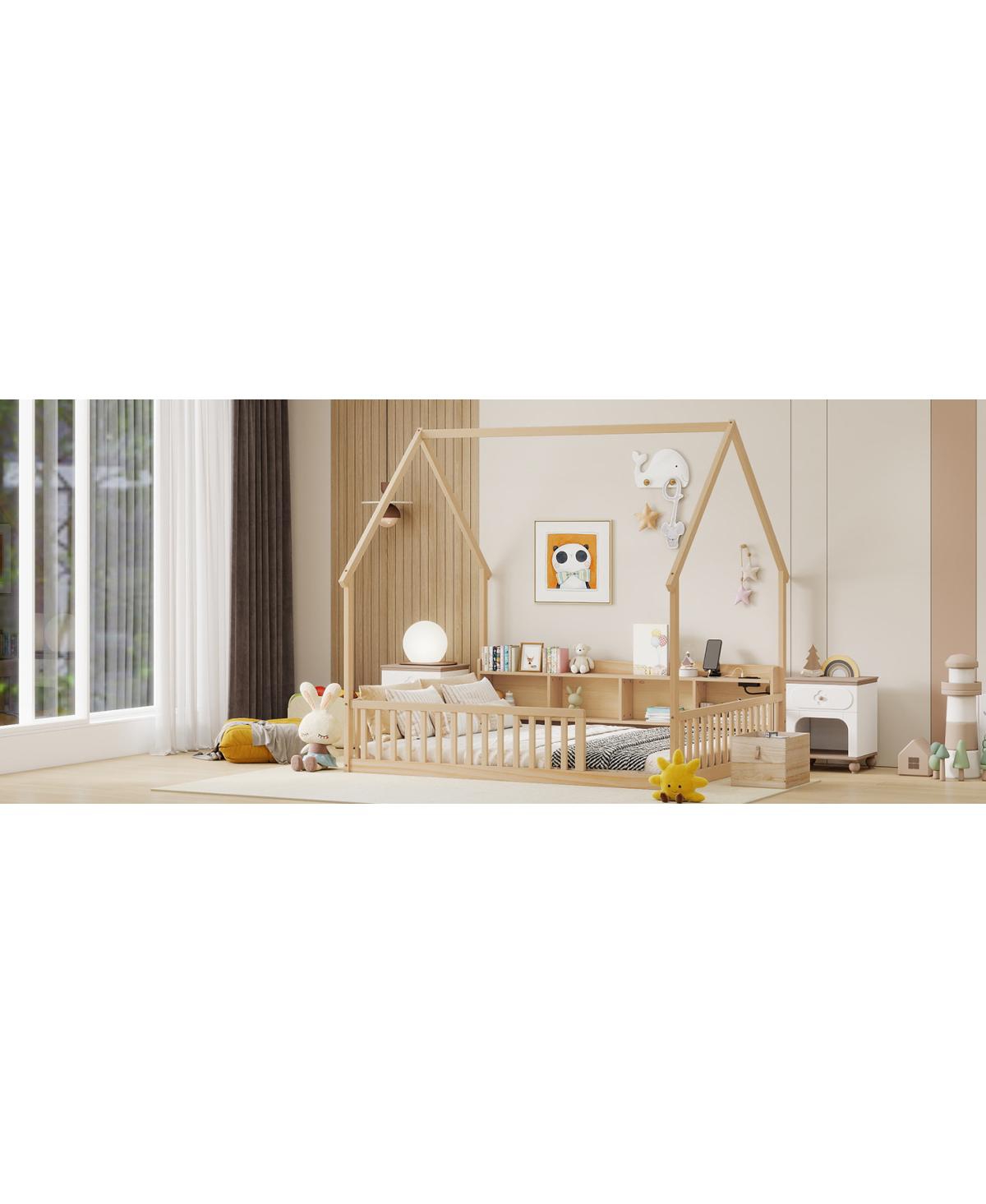 Streamdale Furniture Full House Floor Bed with Storage, Led, Charging Station and Guardrails