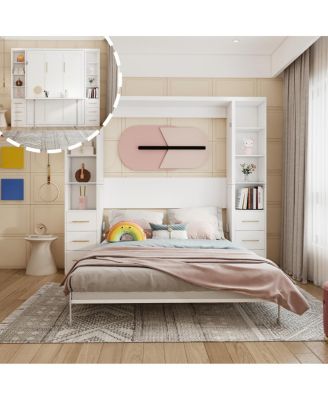  Queen Murphy Desk Bed with Side Storage Cabinets