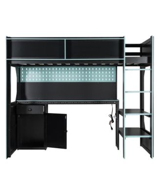 Twin Size Gaming Loft Bed with Integrated Desk and Lights, Modern Wooden Bed Frame with Desk and Built-in Charging Station