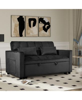 Velvet Convertible Sleeper Sofa Bed with Adjustable Backrest and Storage Pockets