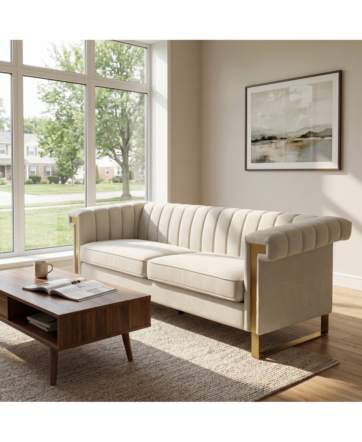 Streamdale Furniture Modern Velvet Chesterfield Sofa with Gold Accents and Channel Tufting