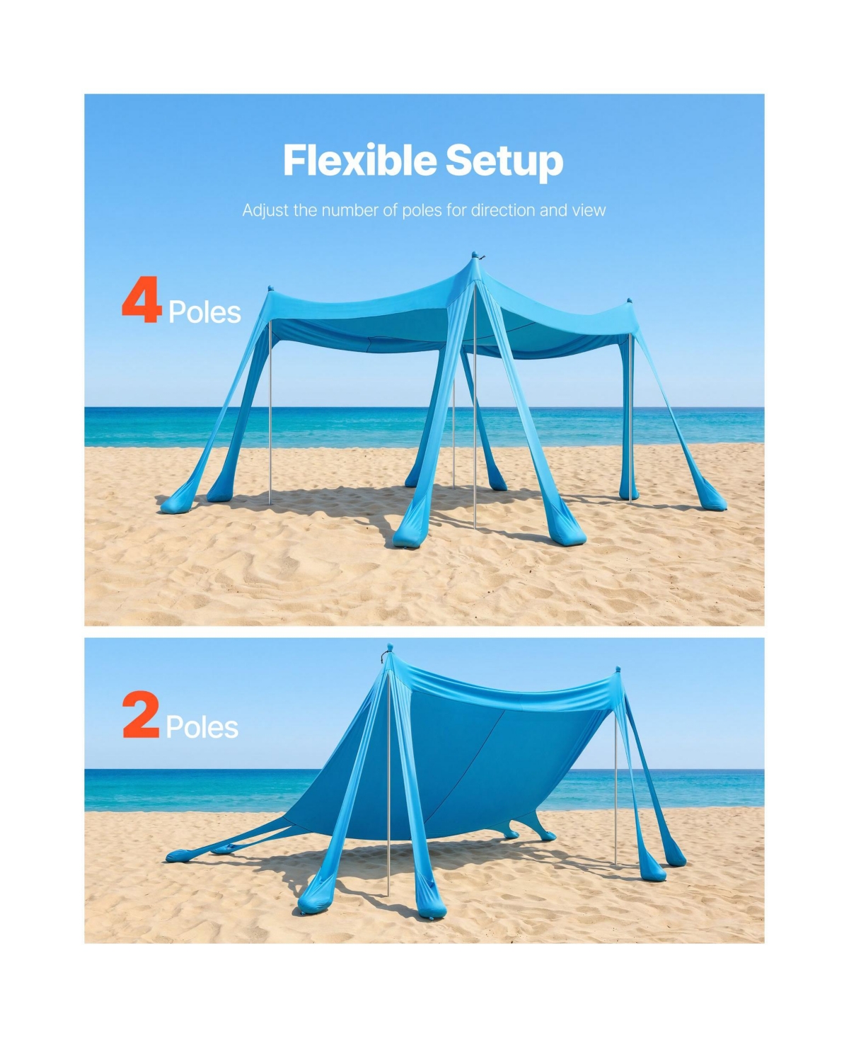 Mountaintop Beach Tent Sun Shelter, UPF50+ Blue Pop-Up Canopy,10x10feet, Sandbags, Poles and Shovels for Outdoor Family Camping Fishing