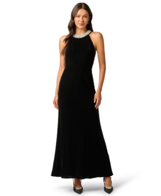 Petite Imitation Pearl Collar Velvet Sleeveless Halter Gown 
