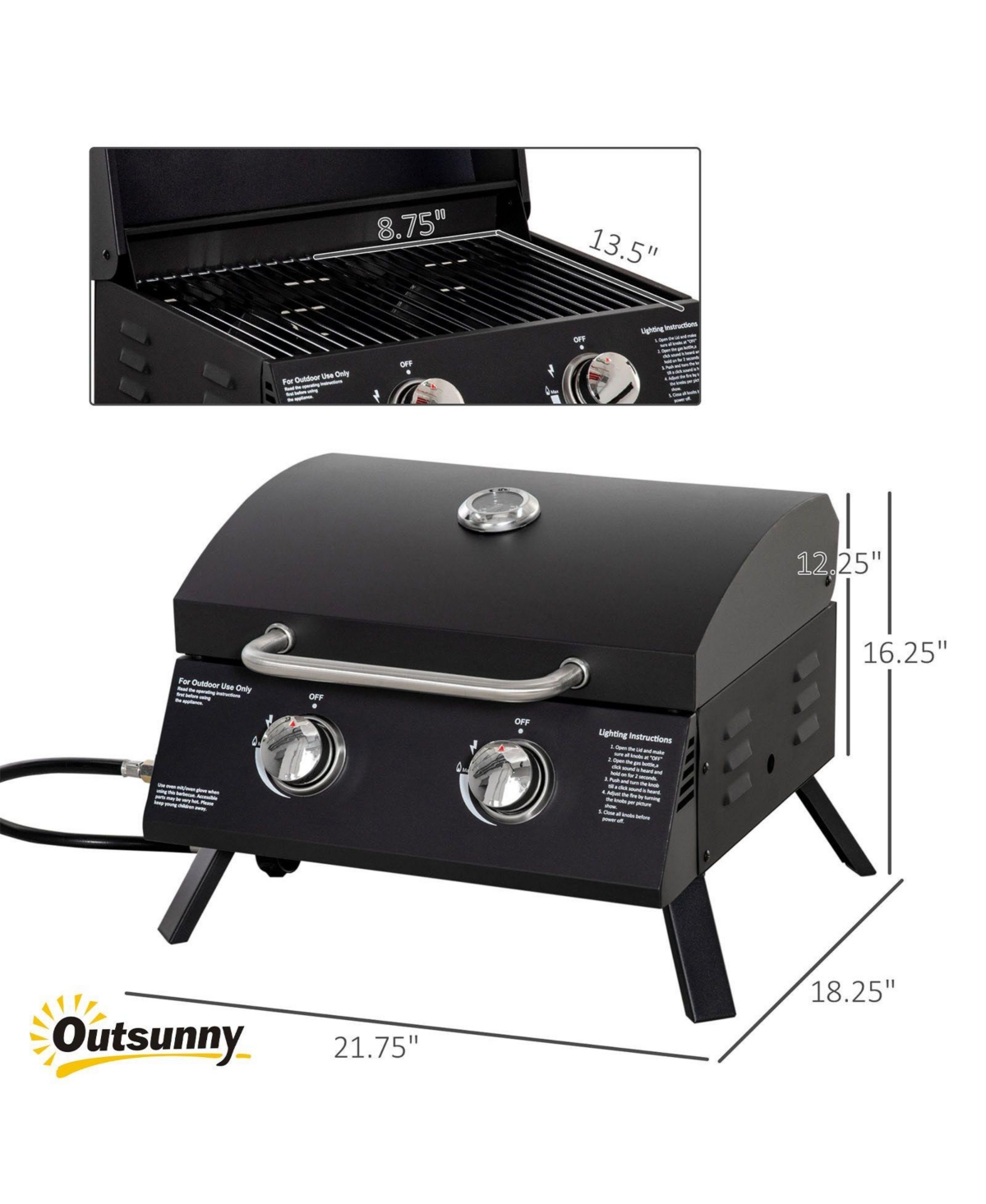 Mountaintop 2 Burner Propane Gas Grill Portable Tabletop Bbq with Foldable Legs Lid Thermometer for Camping