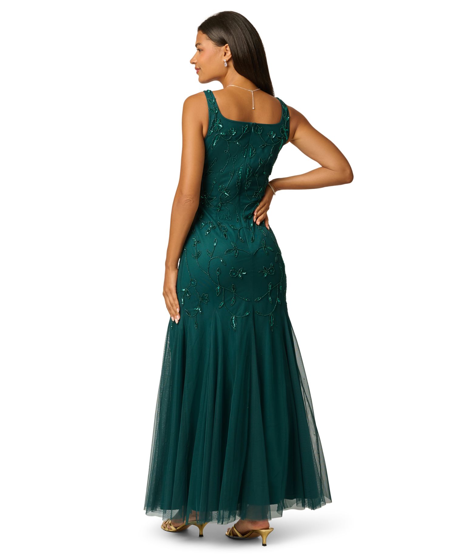 Women's Beaded-Mesh Square Neck Long Dress