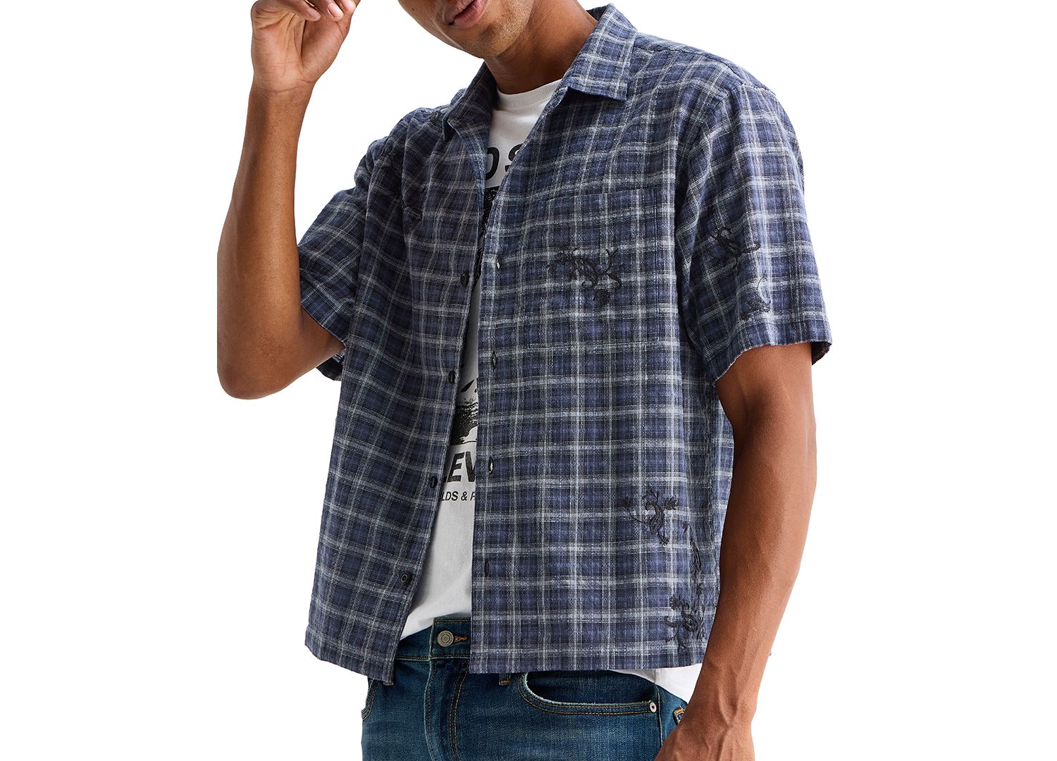 Men's Embroidered Plaid Spread Collar Shirt