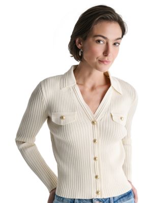 Women's Ribbed Knit Collared V-Neck Cardigan