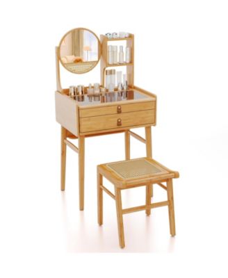 Small Vanity Desk and Stool Set with Mirror and 2 Drawers