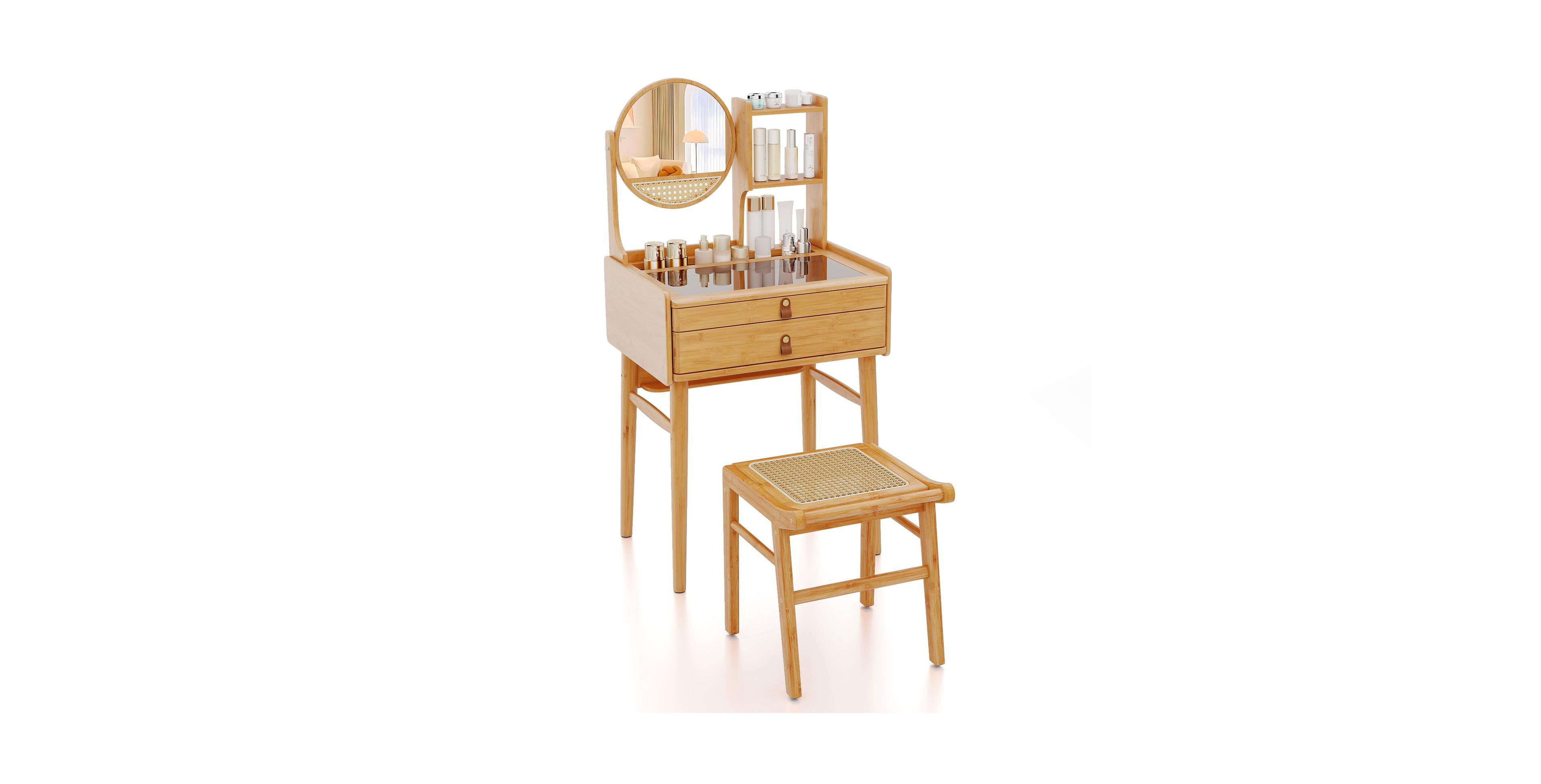 Slickblue Small Vanity Desk and Stool Set with Mirror and 2 Drawers