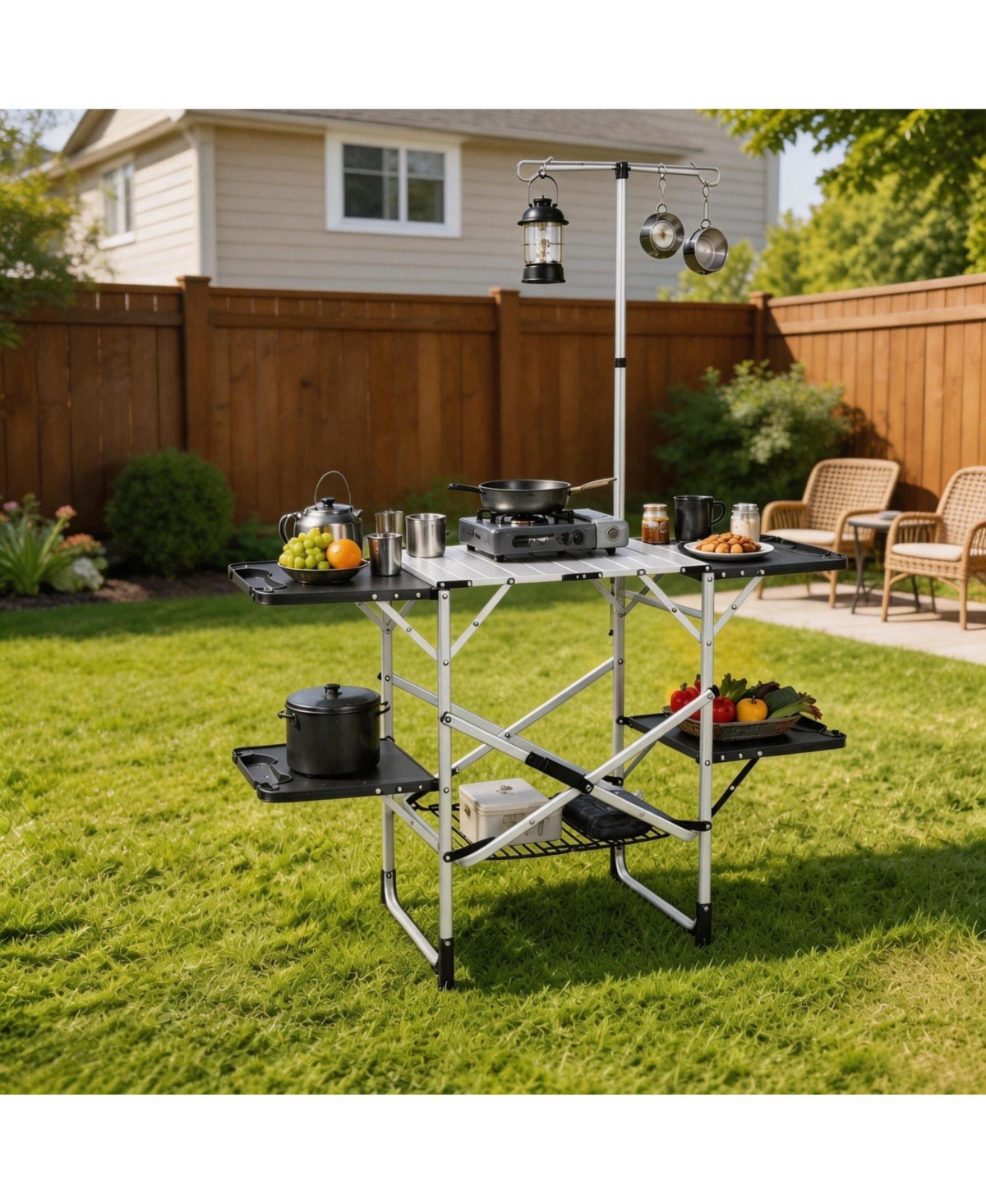 Mountaintop Foldaway Outdoor Cooking Table with Lamp Holder, 4 Side Trays, Mesh Storage Shelf