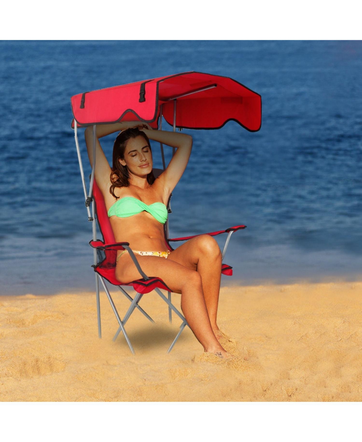 Mountaintop Foldable Beach Canopy Chair Sun Protection Camping Lawn Canopy Chair 330LBS Load Folding Seat with Cup Holder For Beach