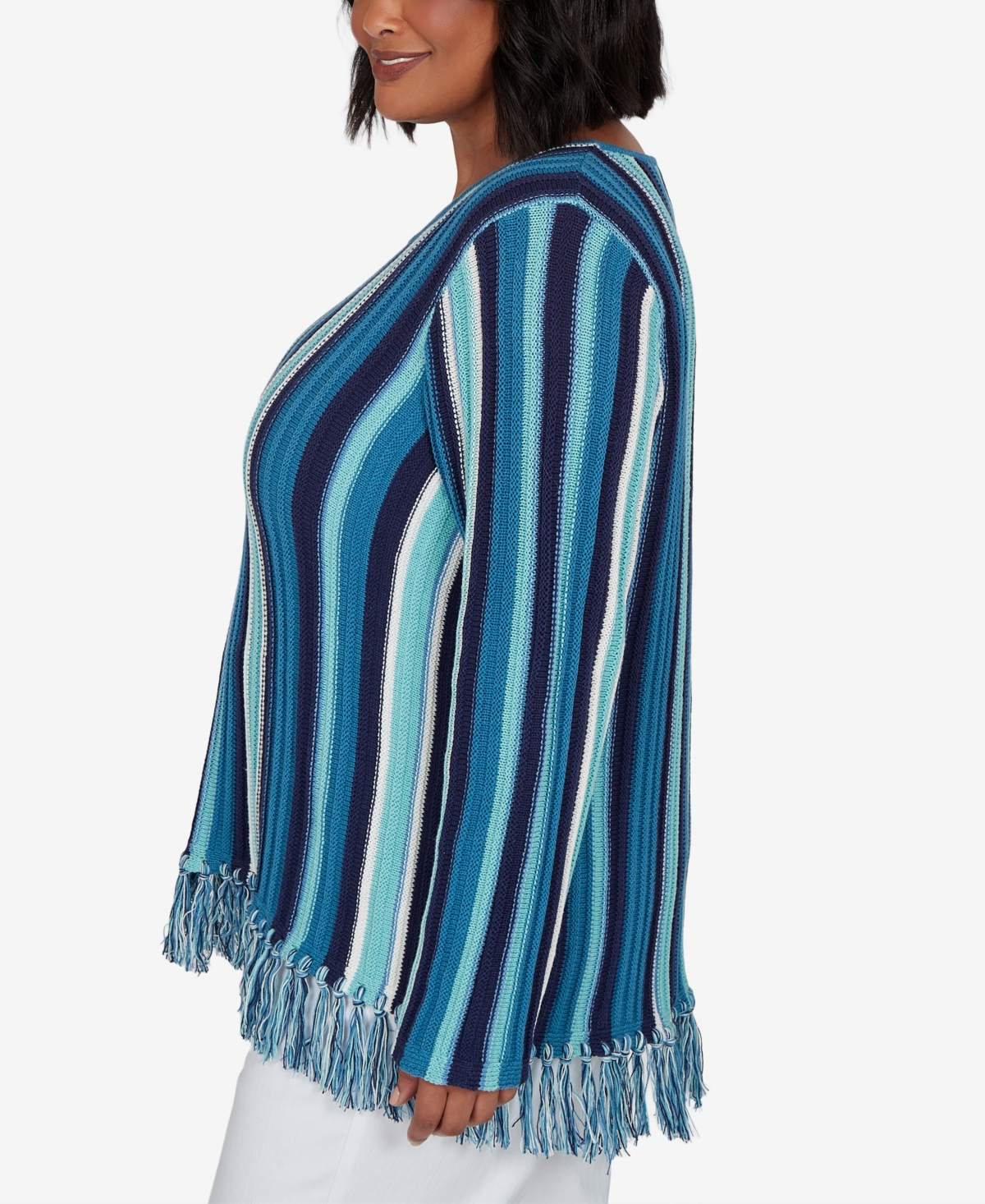Hearts Of Palm Plus Stripe Fringe 3/4-Sleeve Pullover