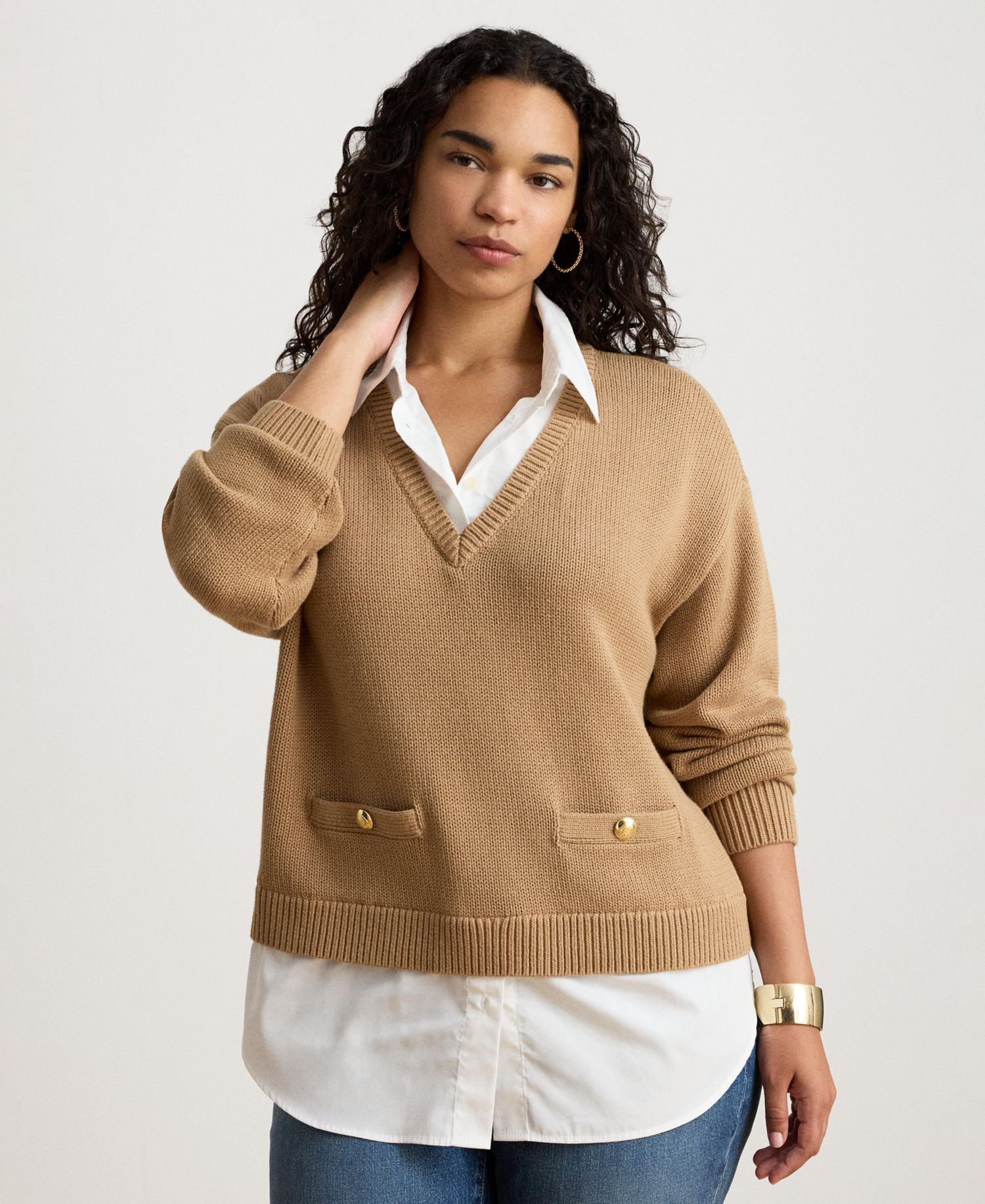 Women's V-Neck Long-Sleeve Relaxed-Fit Cotton Sweater