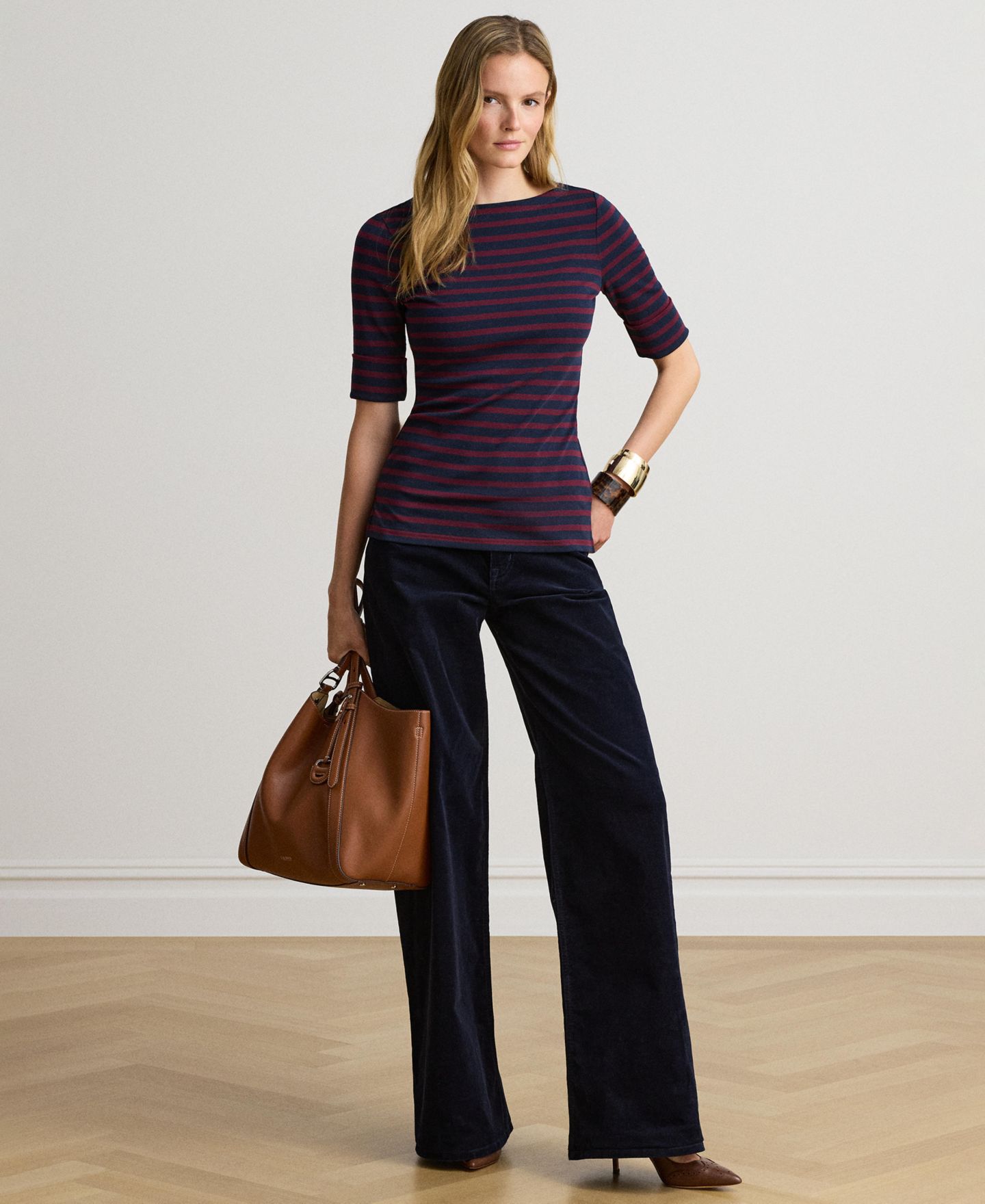 Женский топ Lauren Ralph Lauren Striped Stretch Cotton Boat Neck, цвет: Тёмно-синий / Гранатовый — фото 3