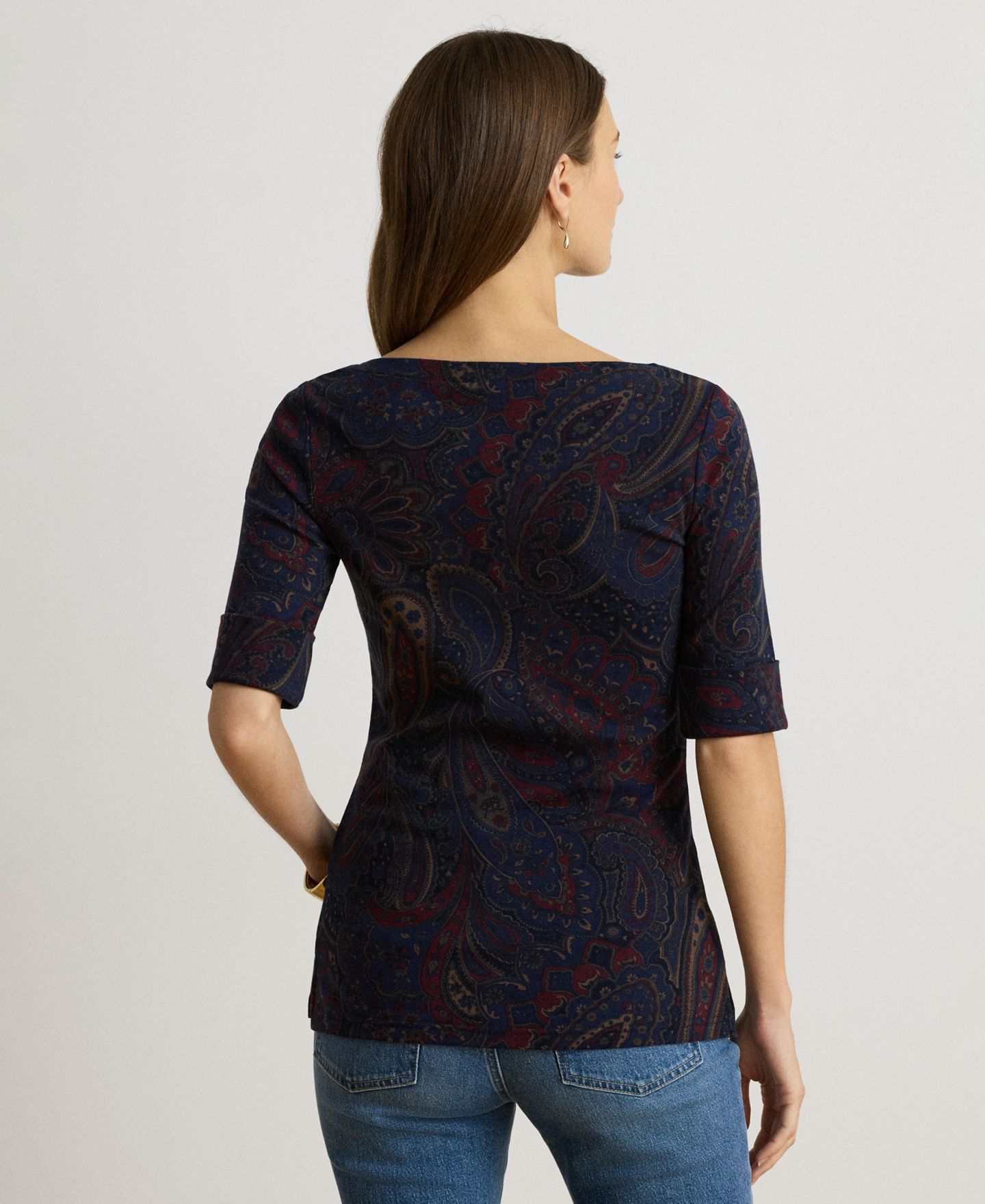 Женская футболка Lauren Ralph Lauren Paisley Boatneck Elbow-Length-Sleeve, цвет: Тёмно-синий разноцветный — фото 5
