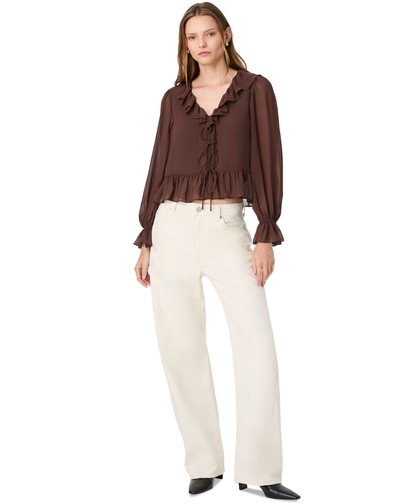 Женская блузка French Connection Marina Long-Sleeve V-Neck Tie-Front, цвет: Какао коричневый — фото 2
