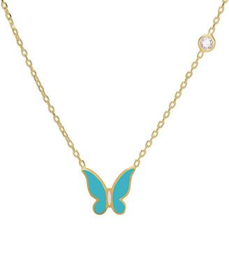 Girls Enamel Butterfly and Cubic Zirconia Bezel Station Necklace in 14K