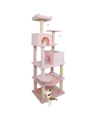 Cat Tree 58 Inch Multi-Level with Plush Wrapped Perch Dual Condos and Hanging Balls
