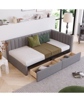 Upholstered Daybed with 2 Storage Drawers Twin Size Sofa Bed Frame No Box Spring Needed, Linen Fabric