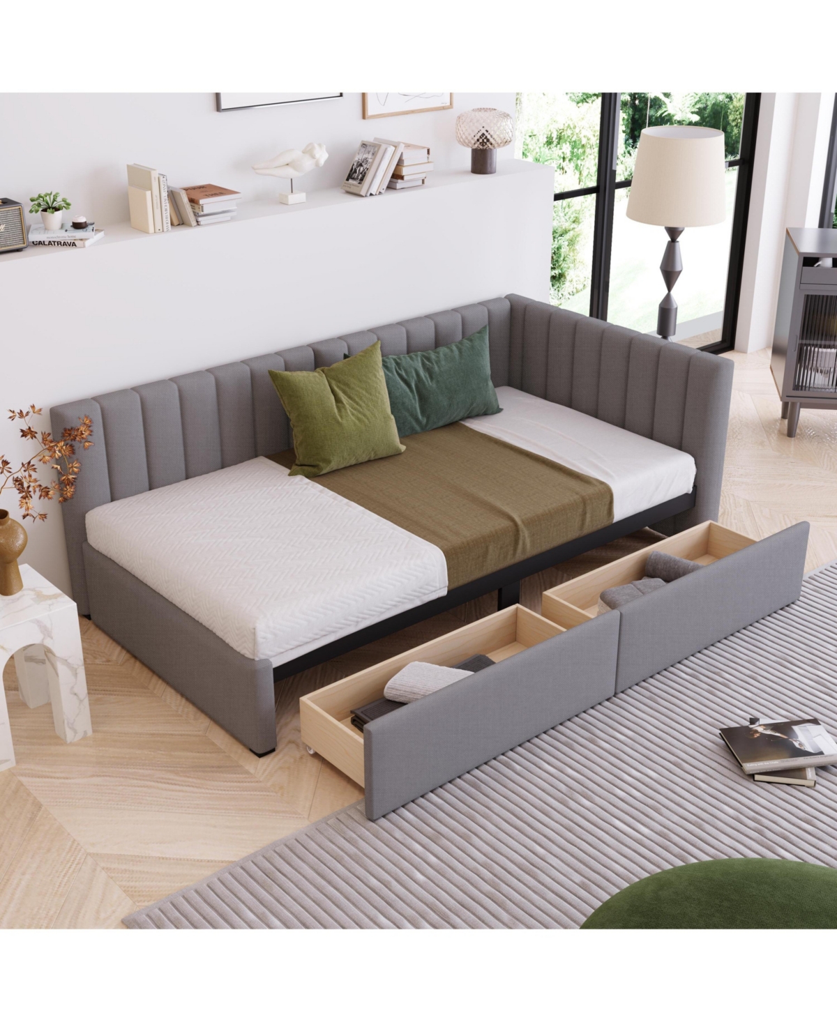 Clihome Upholstered Daybed with 2 Storage Drawers Twin Size Sofa Bed Frame No Box Spring Needed, Linen Fabric