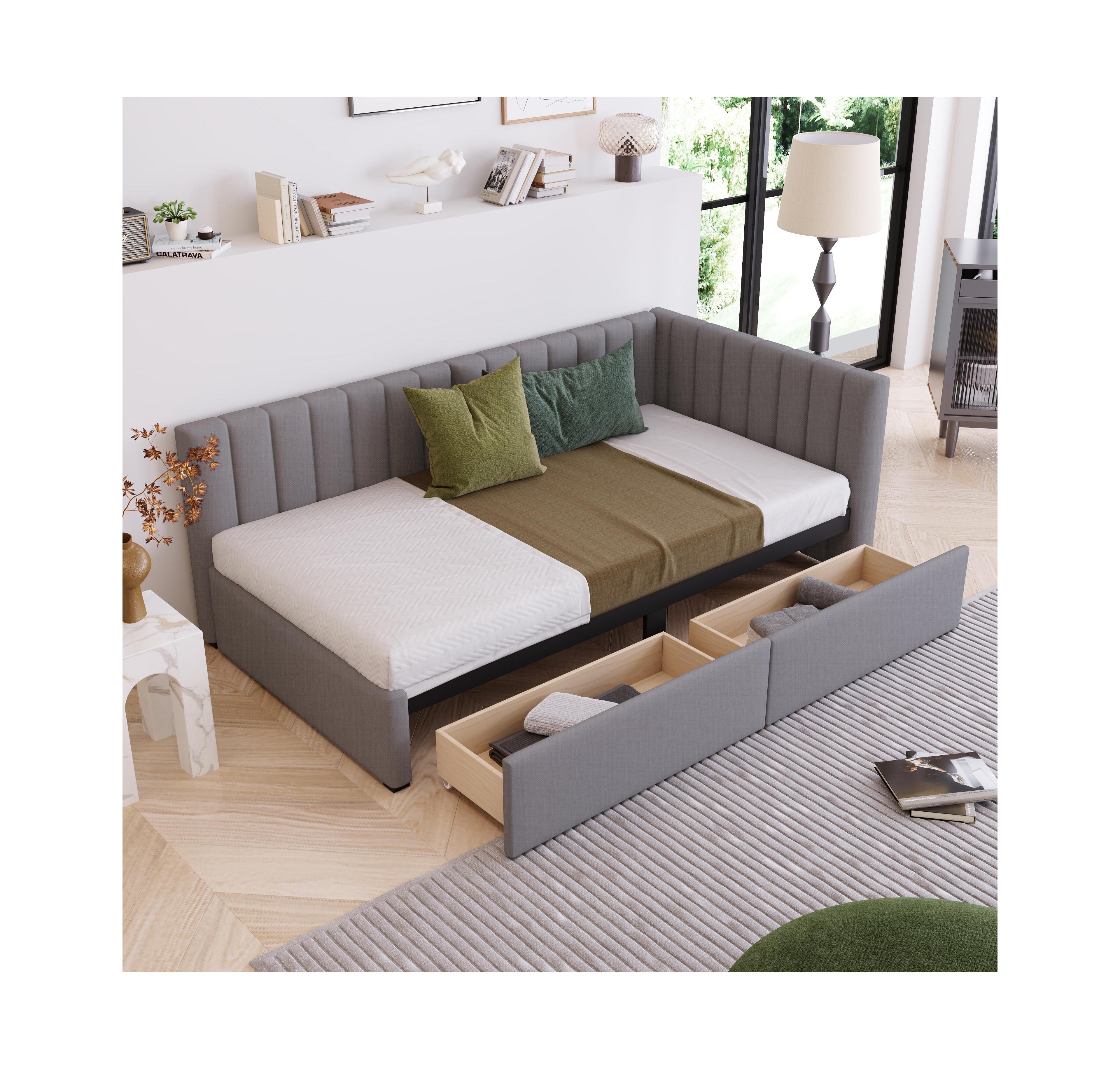 Clihome Upholstered Daybed with 2 Storage Drawers Twin Size Sofa Bed Frame No Box Spring Needed, Linen Fabric